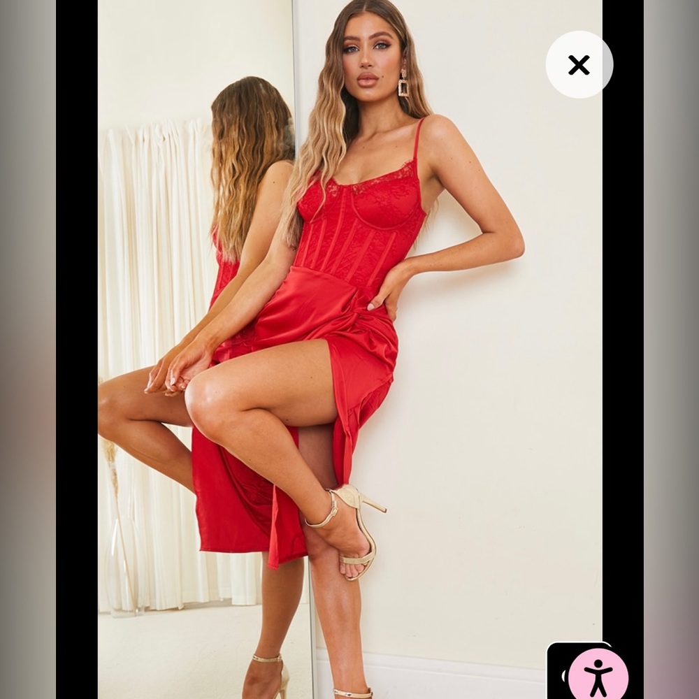 Pretty Little Thing Red Strappy Satin Gathered Midi Dress in Red